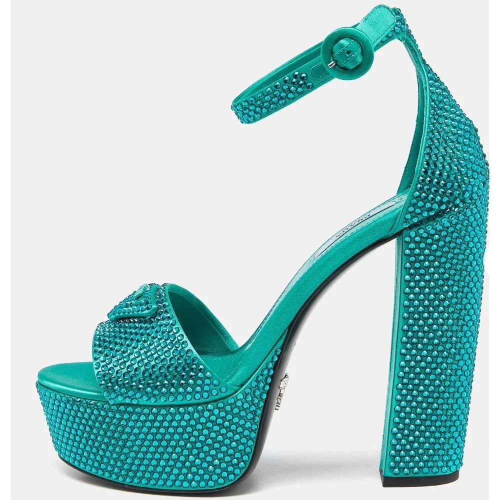 Prada Crystal‑Embellished Satin Platform Sandals Aqua Green Made in Italy. UK 36